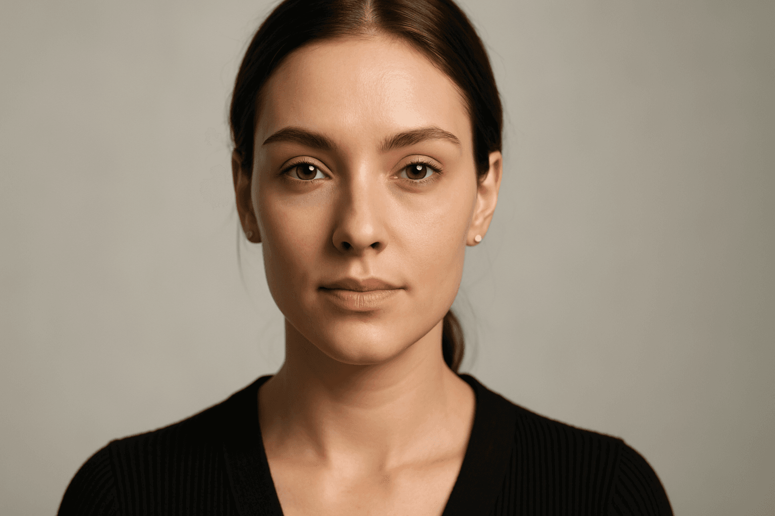 Studio portrait of a woman with butterfly lighting casting a butterfly-shaped shadow under her nose