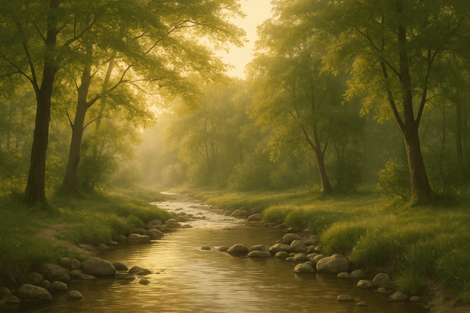 Serene natural landscape with soft sunlight and gentle stream