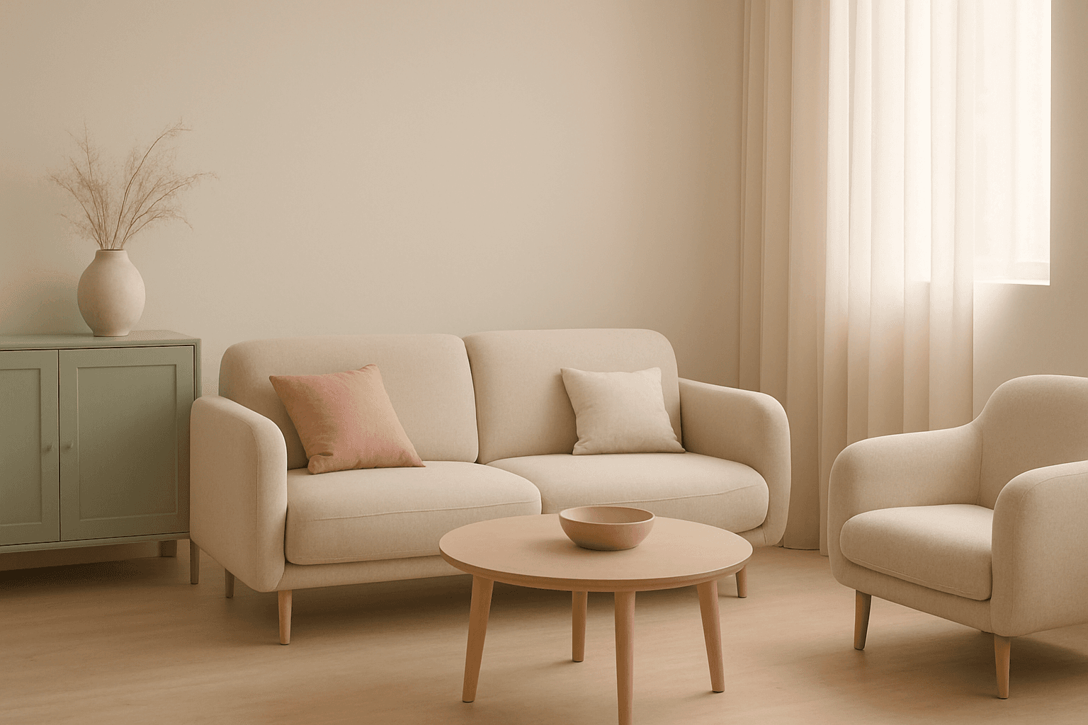 Softly lit minimalistic interior evoking calm serene mood with pastel tones and subtle shadows