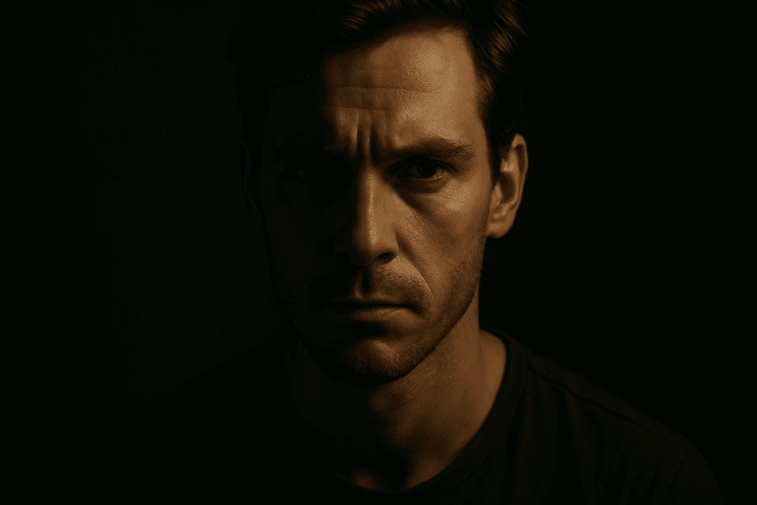 Portrait photograph illuminated with chiaroscuro lighting showing dramatic light and shadow contrast