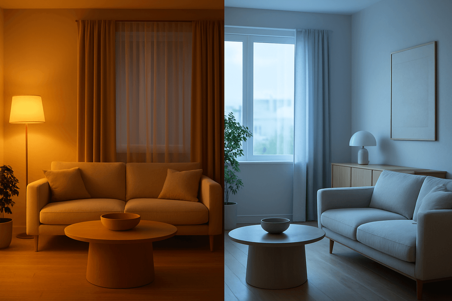 AI-generated image demonstrating warm and cool color temperature lighting effects in modern design