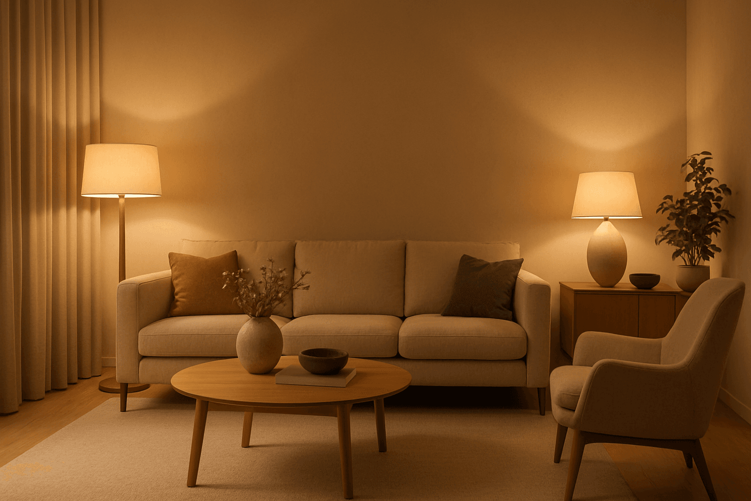 Photo-realistic modern indoor setting with perfectly matched warm color temperature lighting