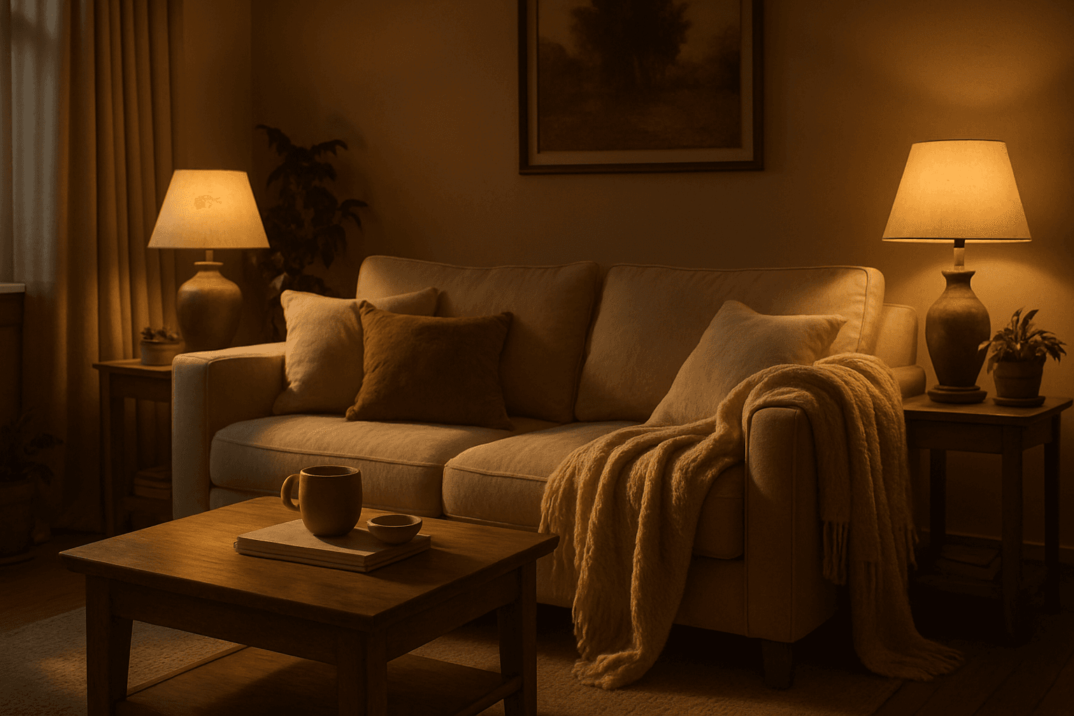 Warm and inviting living room with soft lighting and plush cushions creating a cozy atmosphere