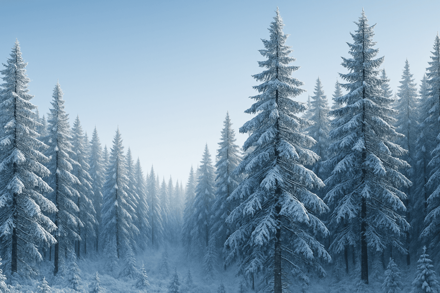 Snow-covered pine trees under clear blue sky with crisp winter air atmosphere and bright morning light