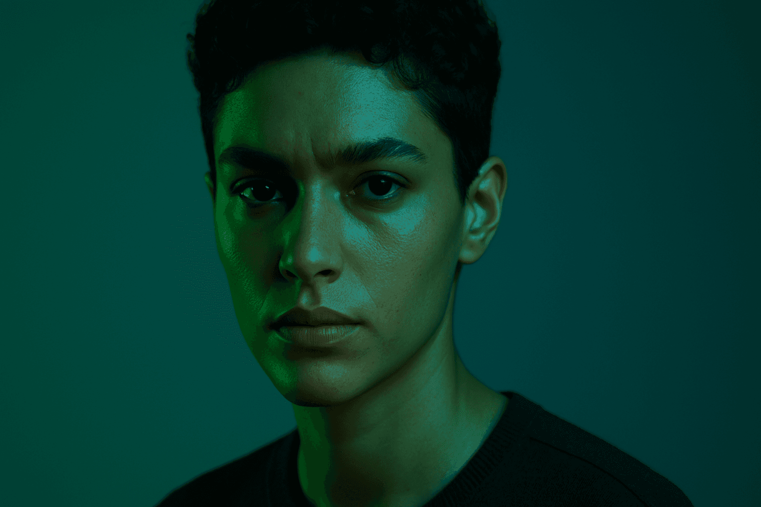 Luxury portrait featuring deep jewel tones in rich emerald green and sapphire blue