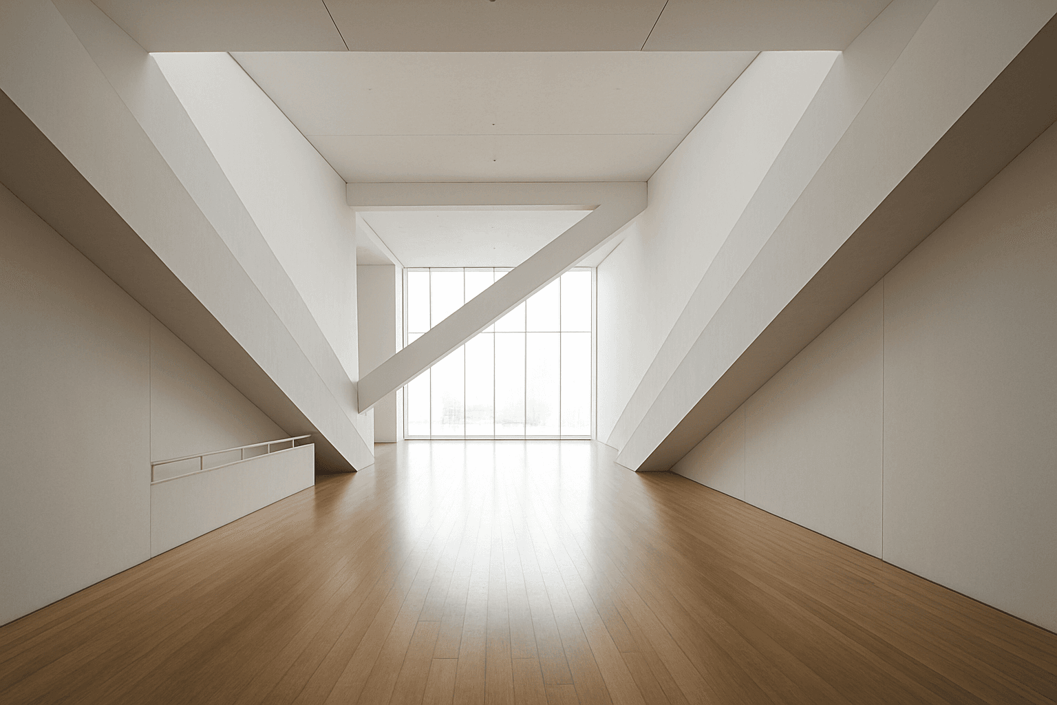 Elegant modern architectural interior showcasing diagonal symmetry composition with natural light and clean lines