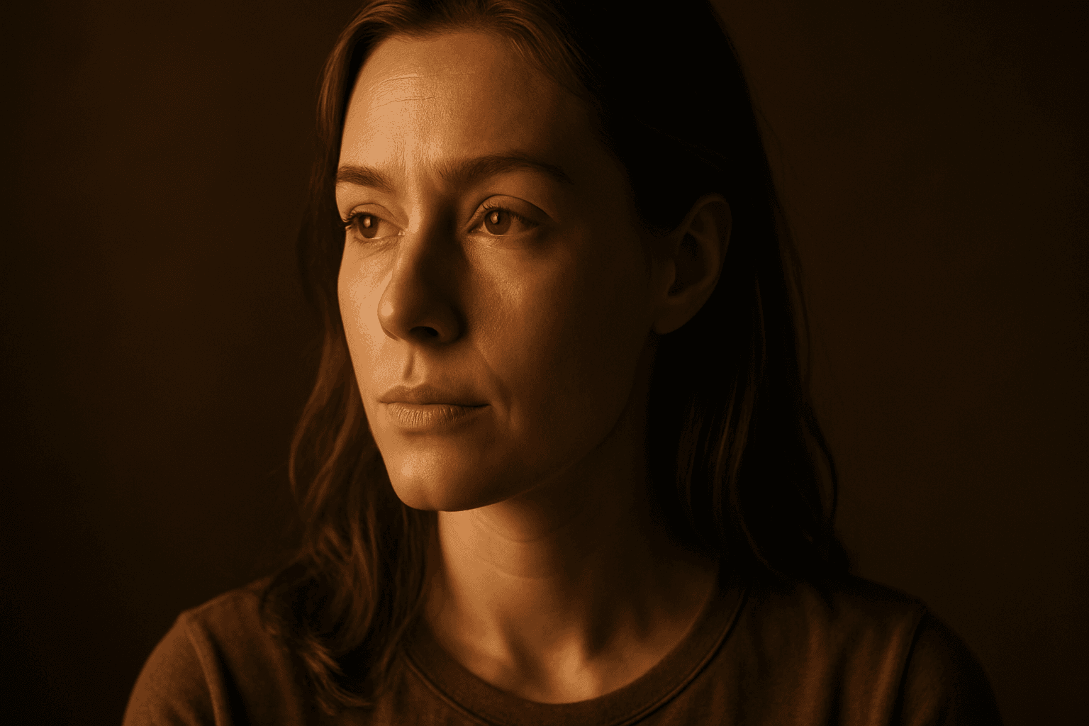 Portrait of woman lit by warm directional side lighting creating soft shadows and depth