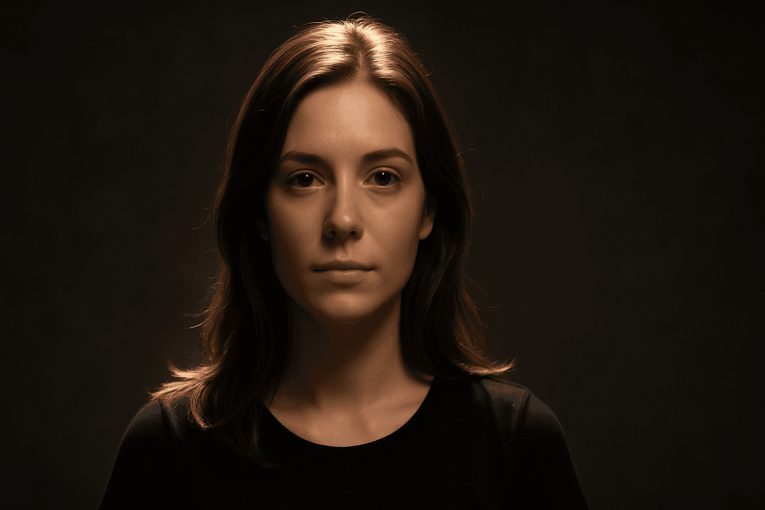 Portrait of a woman illuminated by directional top lighting showcasing strong highlights and shadows