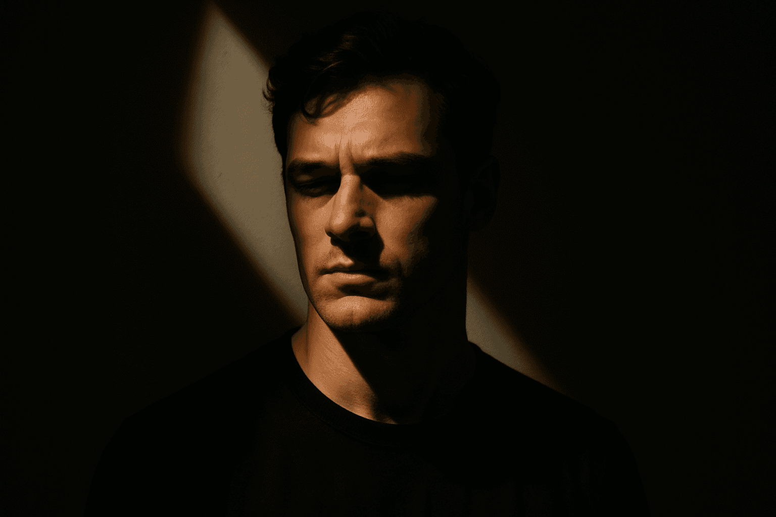 Portrait with dramatic shadow play lighting casting sharp, high contrast shadows across the face