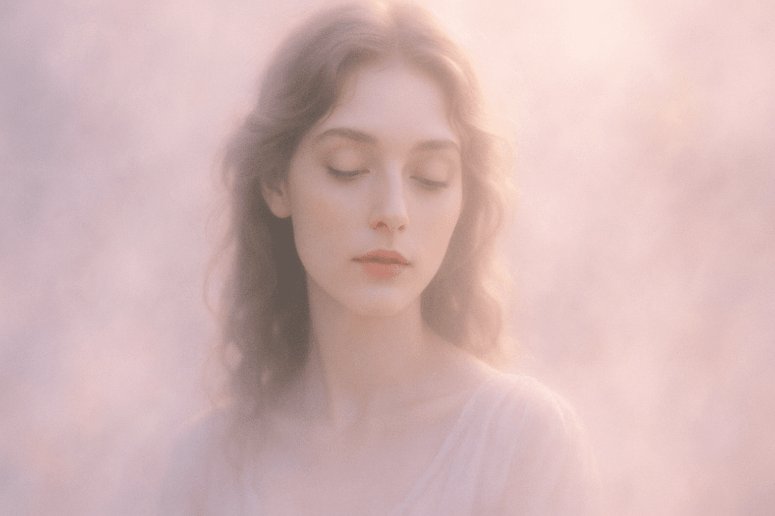 Soft dreamy portrait with ethereal glowing light and delicate pastel haze