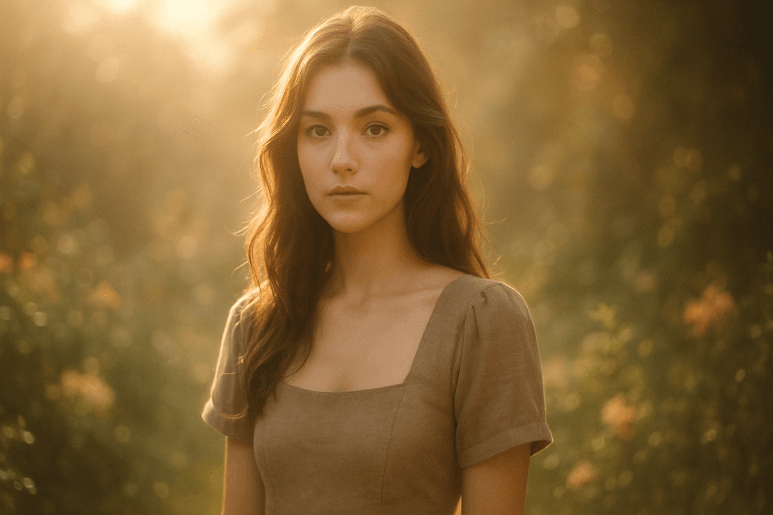 Romantic portrait with warm dreamlike soft focus atmosphere, glowing light and gentle haze