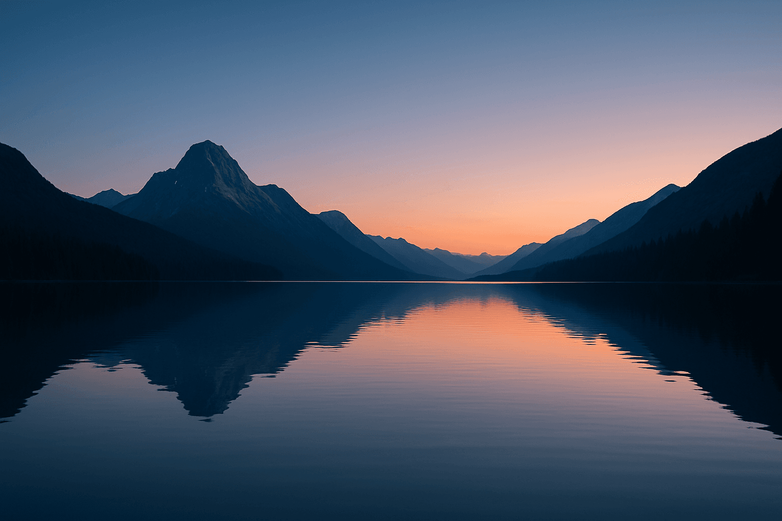Scenic landscape under dusk twilight mood with warm orange and cool blue hues blending softly in the sky