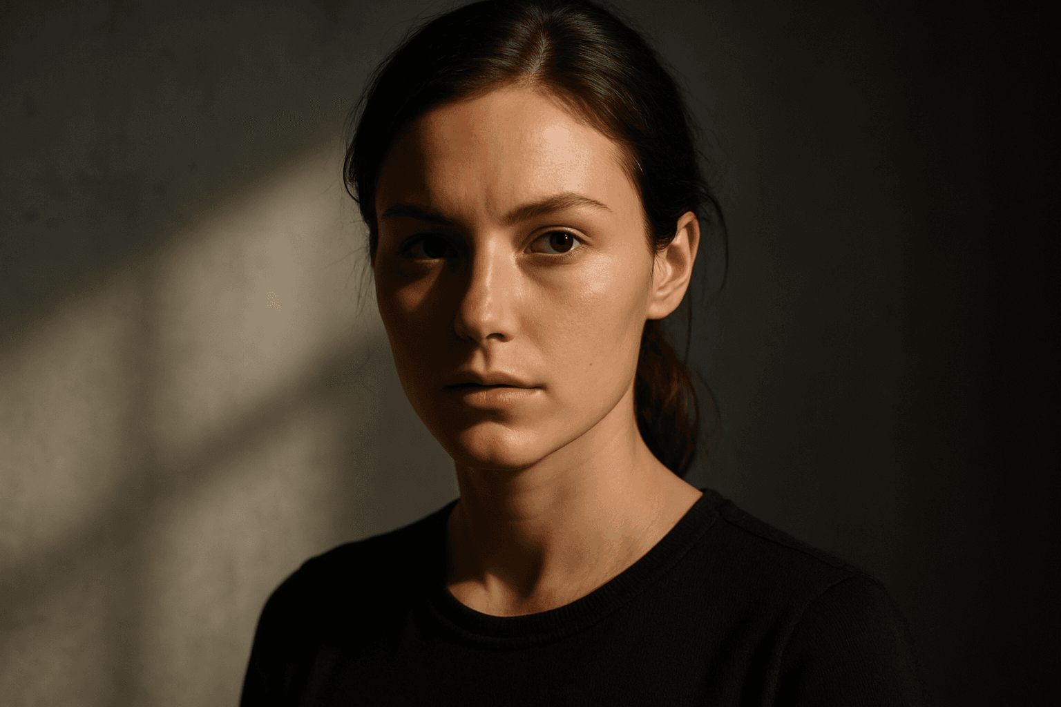 Portrait of a woman illuminated with dynamic range lighting showing rich contrast and detailed shadows