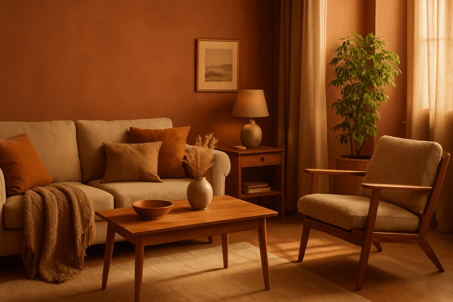 Interior room with earthy warm color scheme, featuring terracotta walls, wooden furniture, and soft natural lighting