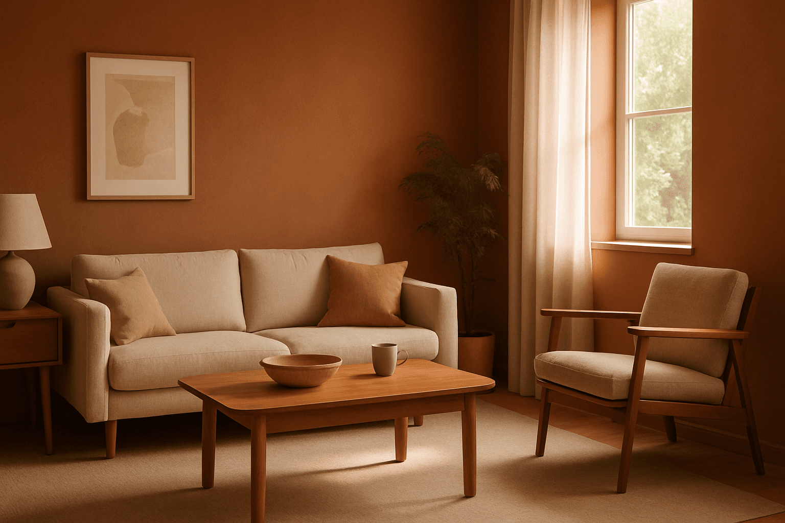Cozy interior scene bathed in earthy warm tones with terracotta walls and warm wooden furniture