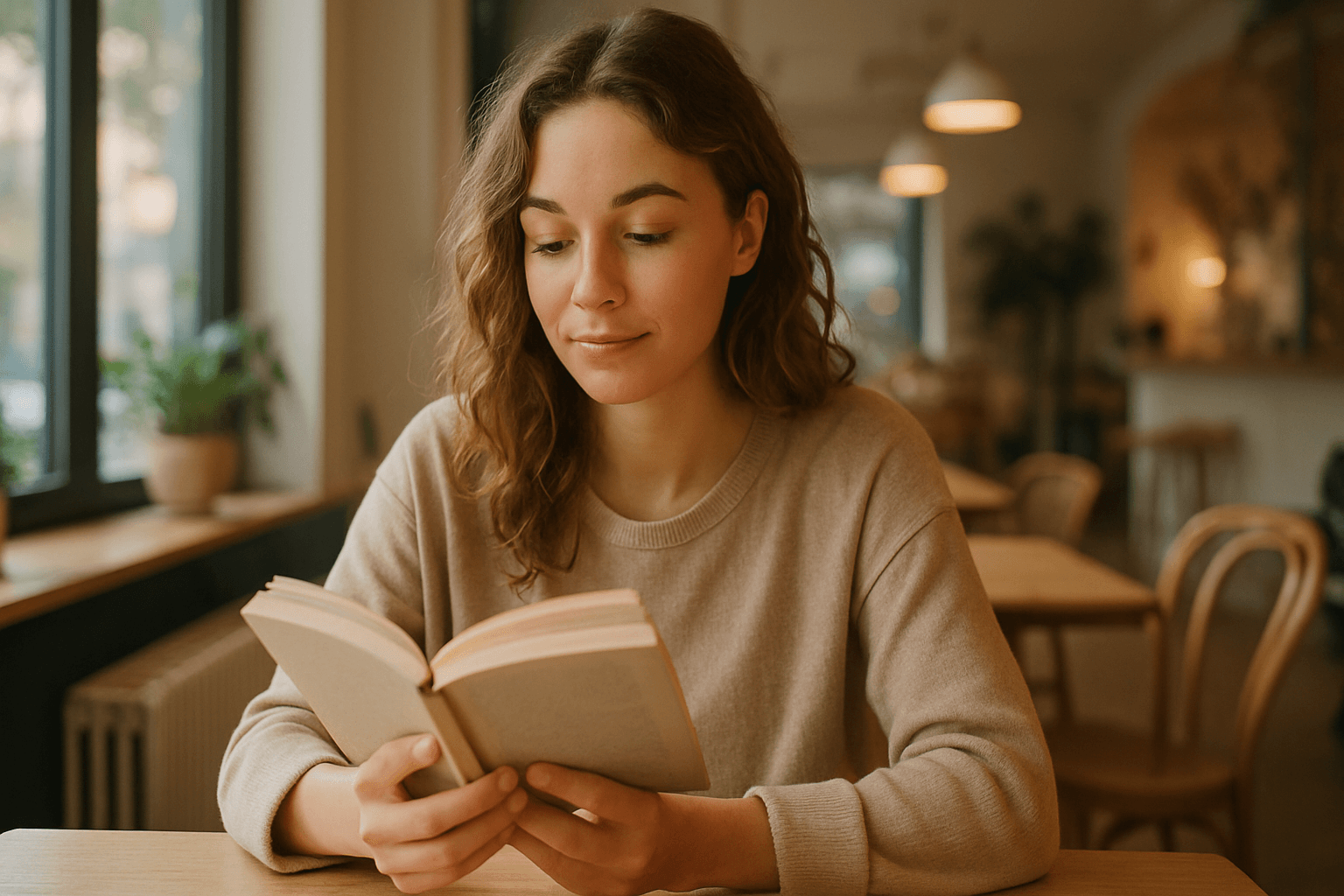 Young woman reading a book in a sunlit café, candid editorial lifestyle photography style