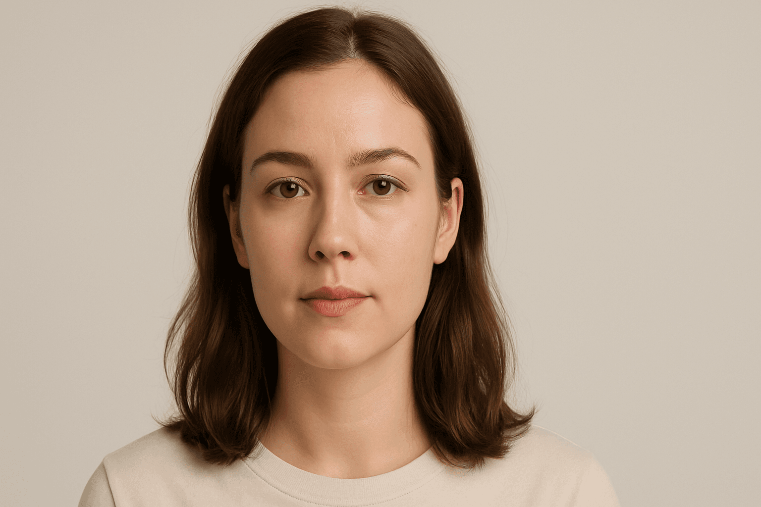 Portrait of a woman with soft fill light gently illuminating her face, studio lighting balance