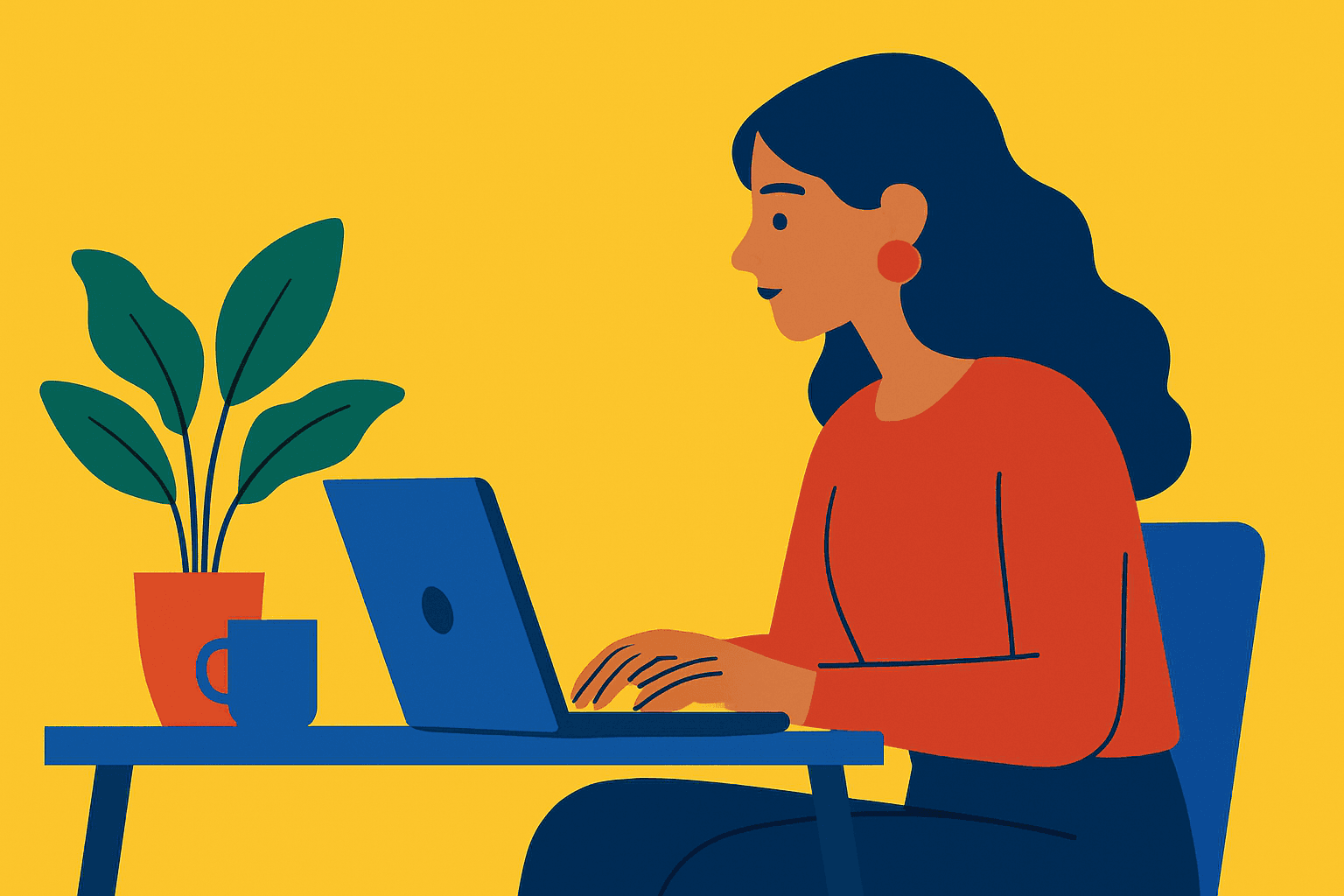 Flat vector style illustration of a modern woman using laptop with bright solid colors and clean shapes
