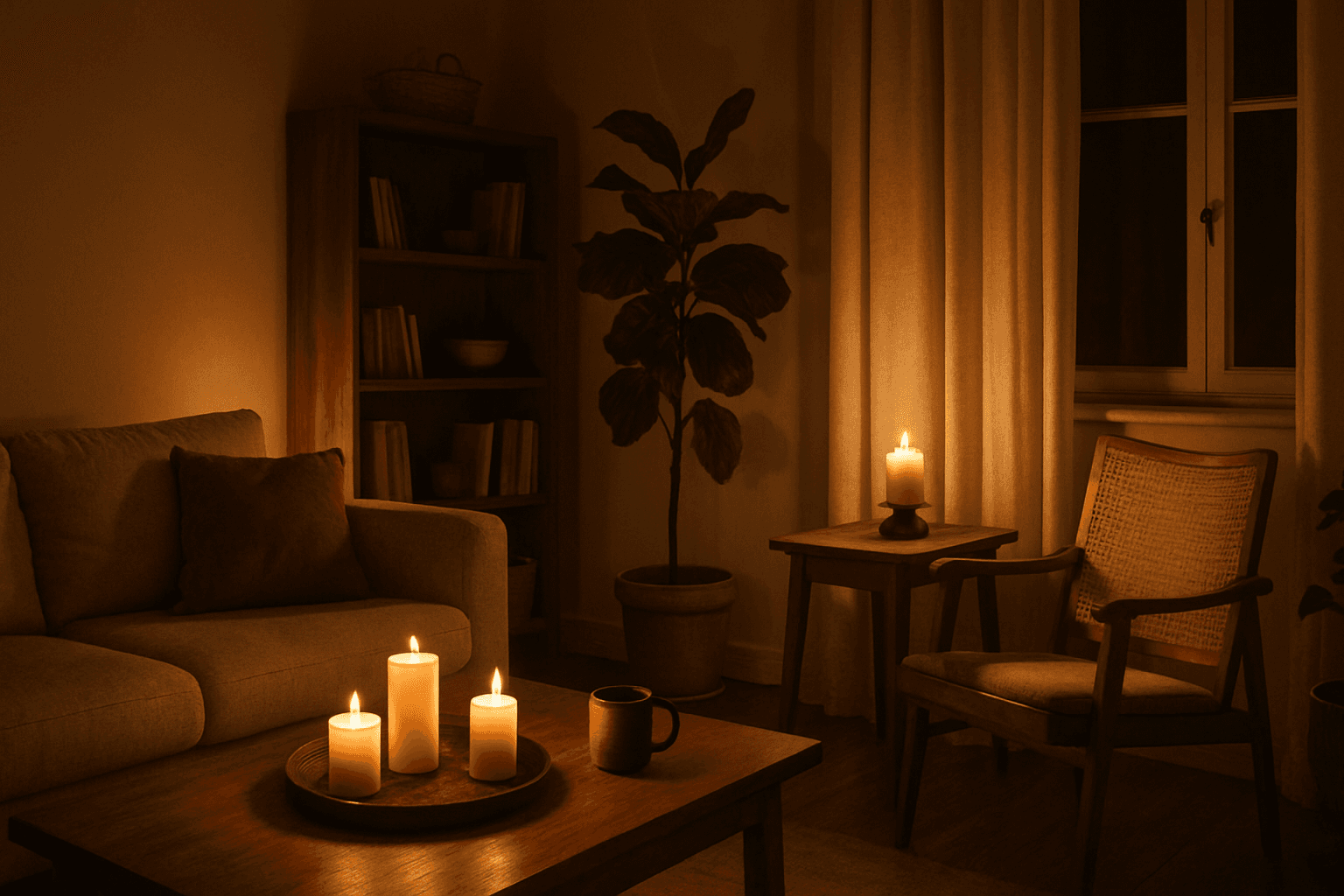 Interior scene illuminated by a warm flickering candlelight creating soft dynamic shadows