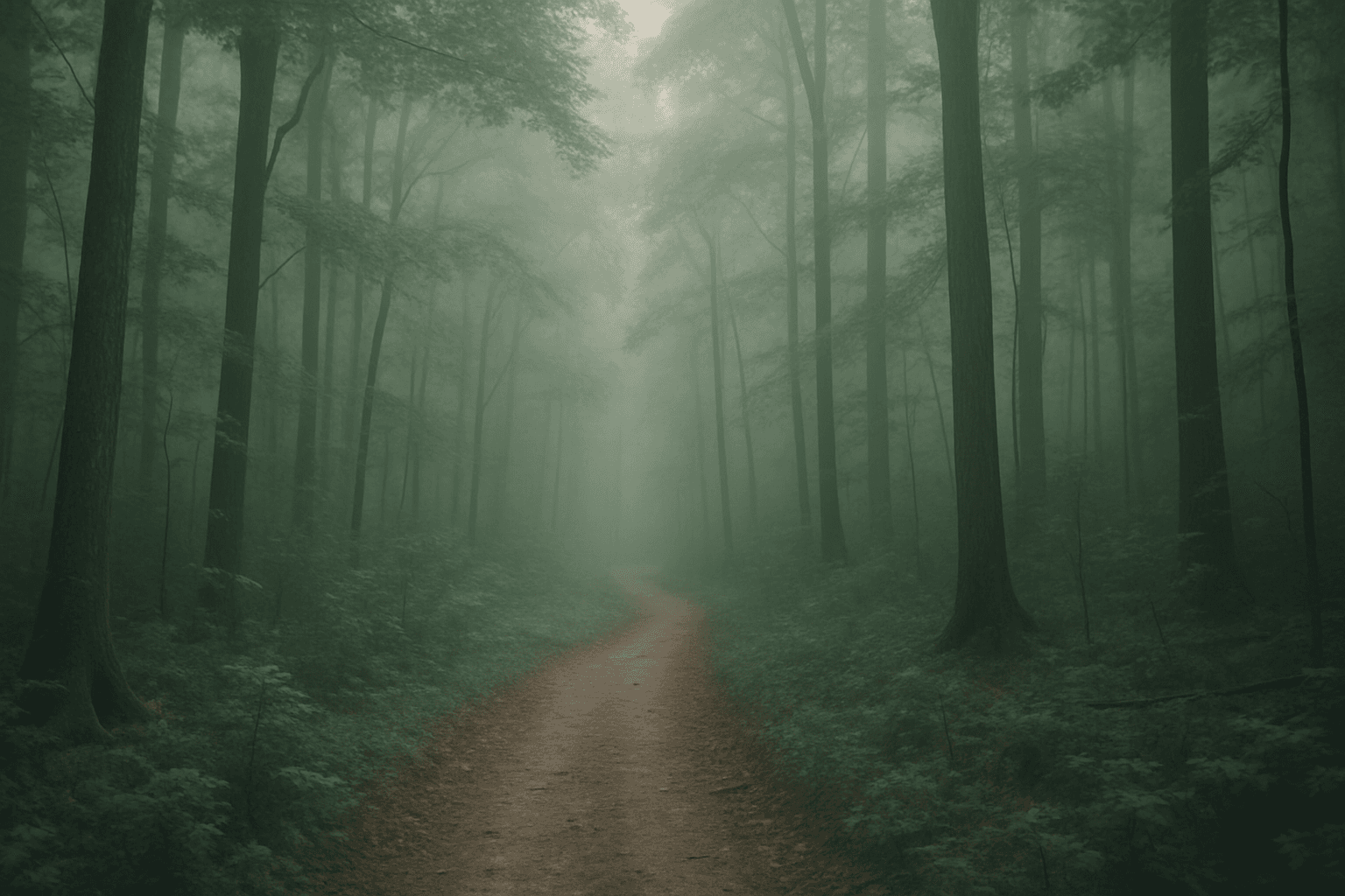 Serene landscape of a forest path enveloped in soft early morning fog with diffused light