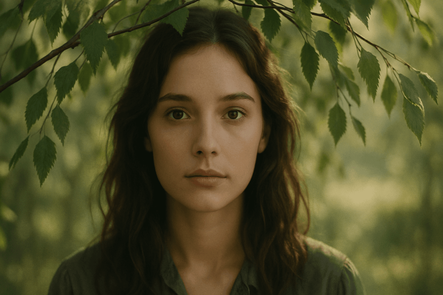 Portrait of a woman framed naturally by overhanging tree branches and lush green leaves in soft morning light