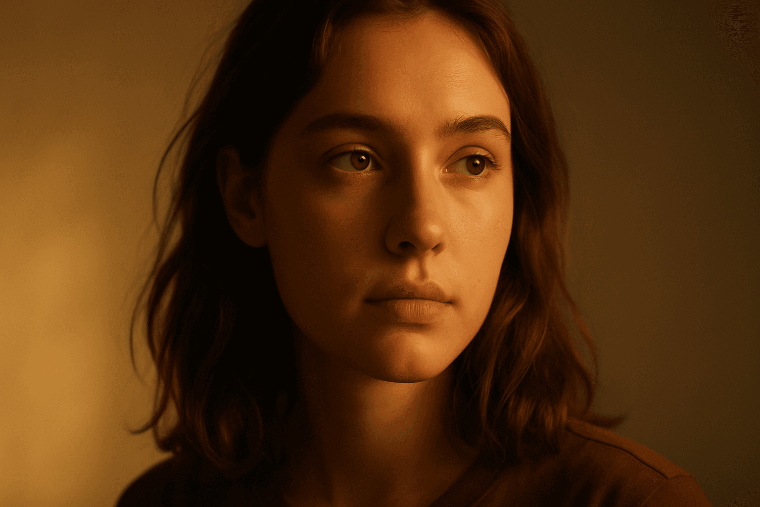 Portrait of a woman illuminated by warm golden hour soft light with gentle shadows