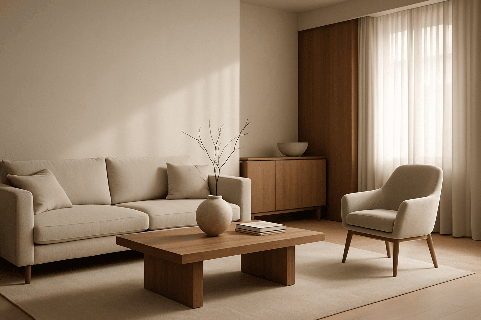 Elegant modern interior designed with golden ratio composition, featuring balanced spatial arrangement and natural lighting