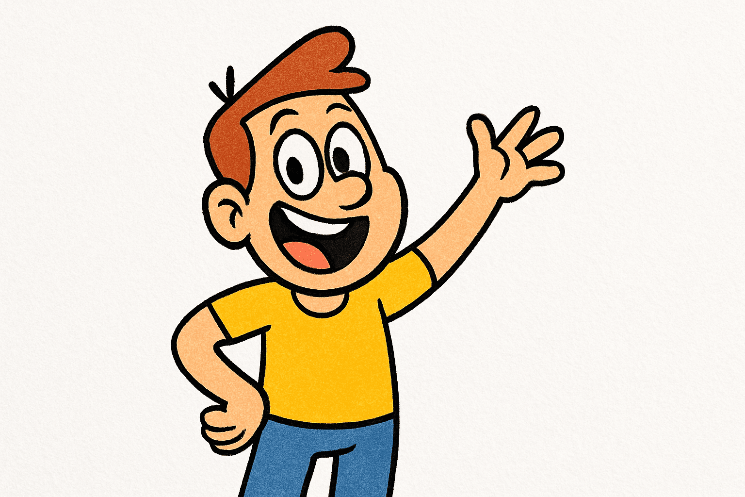 Hand drawn cartoon style illustration of playful character with bold lines and vibrant colors