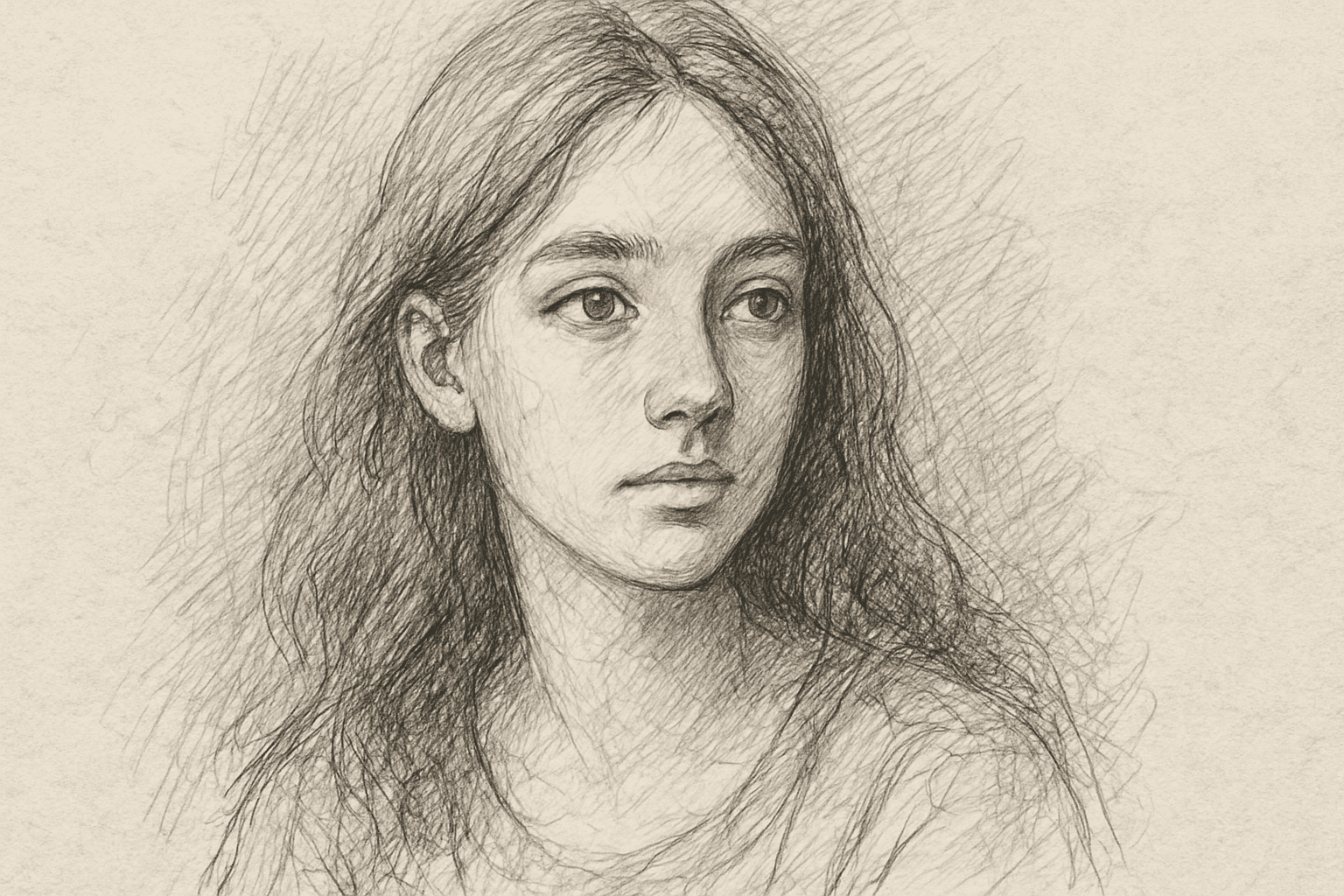 Hand drawn sketch style portrait of a young woman with visible pencil strokes and textured shading