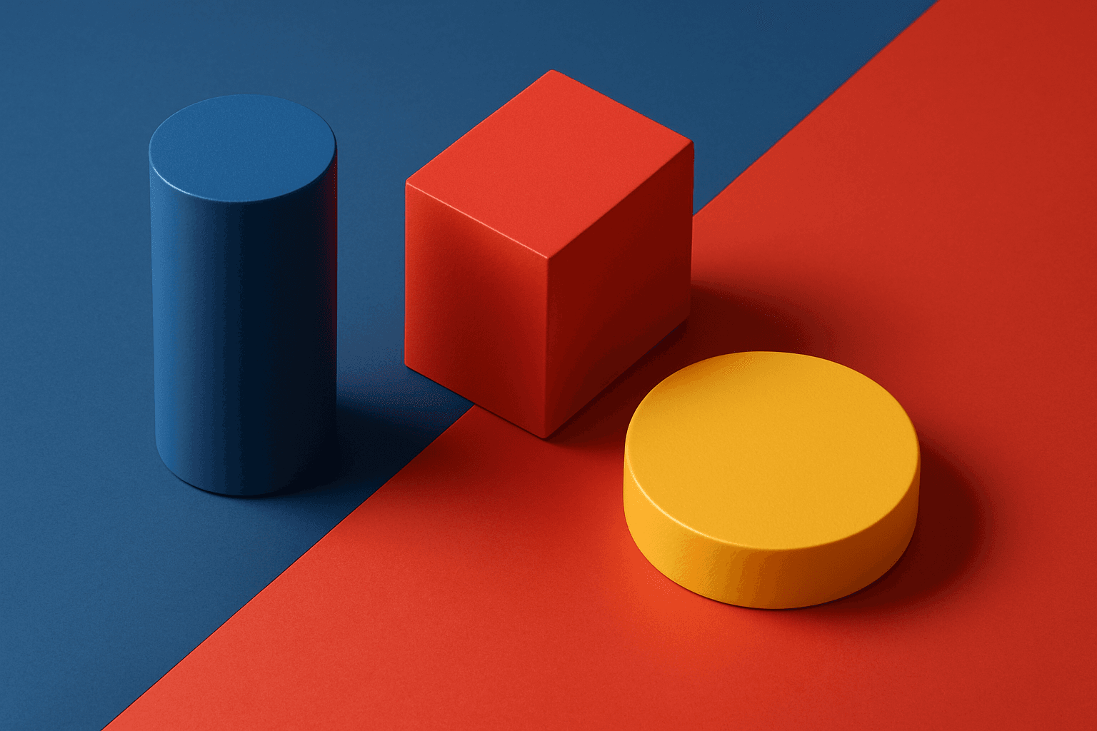 Modern editorial image showcasing harmonious color triads with balanced blue, red, and yellow tones in clean, refined lighting
