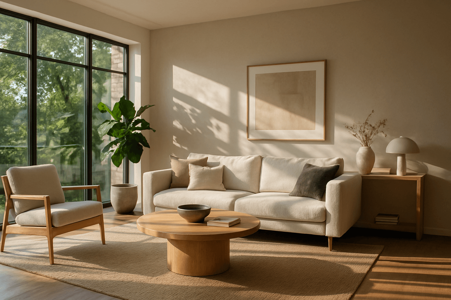 Interior living room rendered with HDR lighting showcasing balanced bright highlights and deep shadows