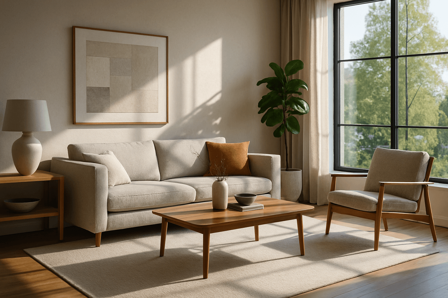 Photo-realistic interior scene showcasing high dynamic range lighting with bright highlights and deep shadows