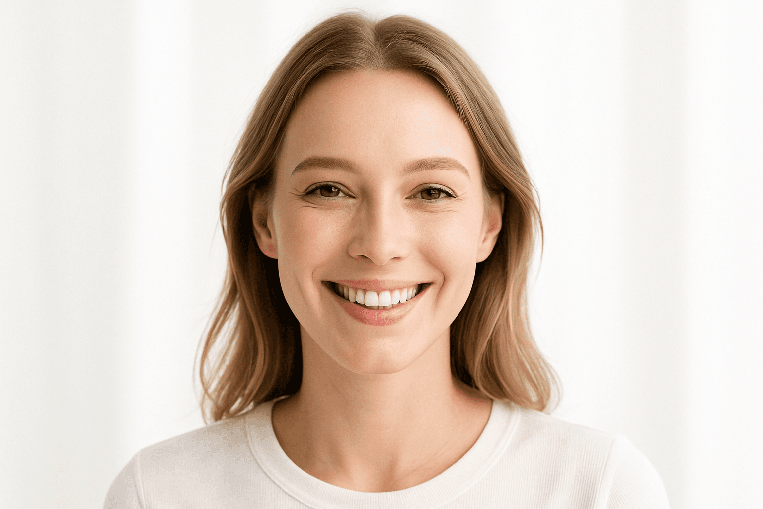 Portrait of a smiling woman under high key lighting setup with soft shadows and a bright white background
