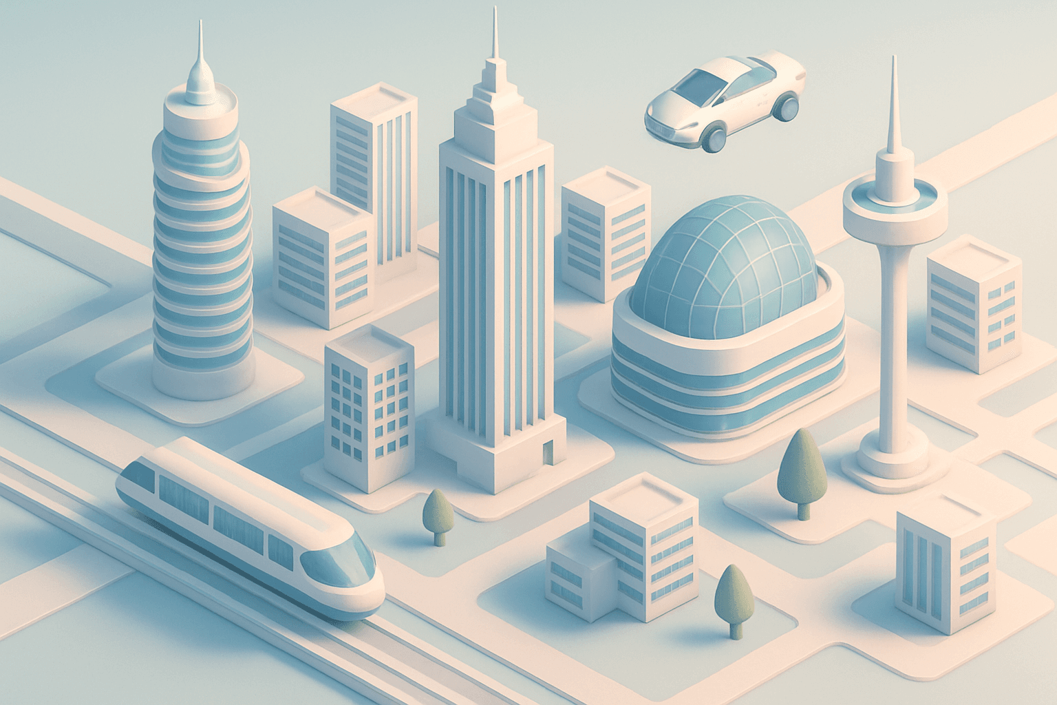 Isometric graphic style 3D cityscape with clean lines and subtle shadows