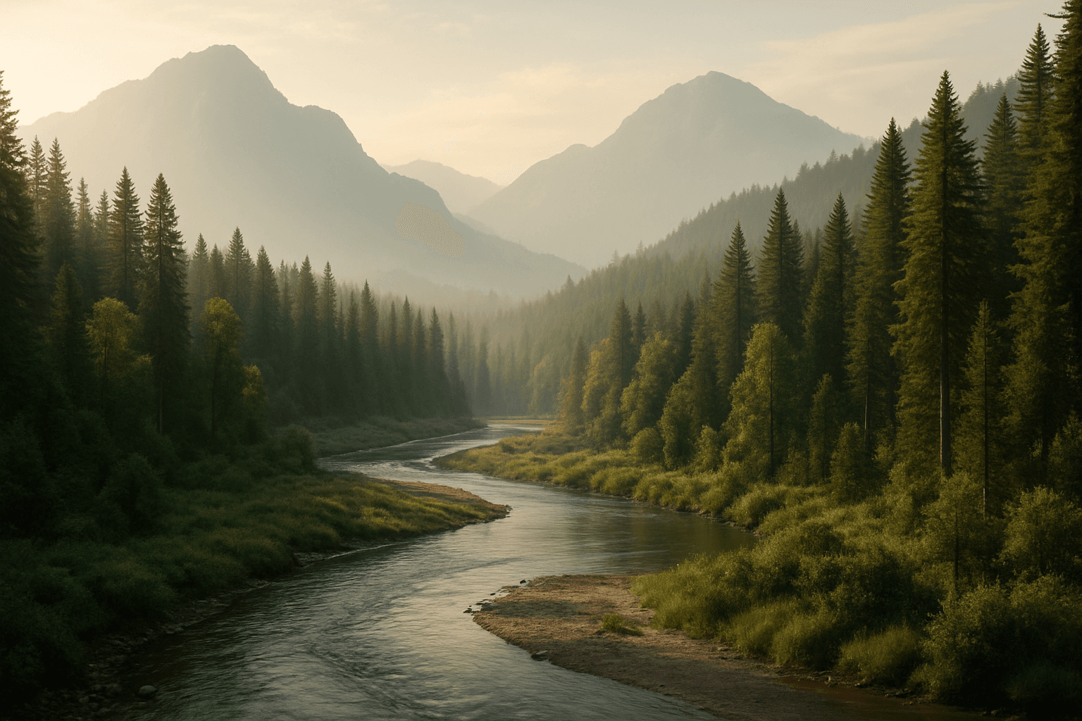 AI-generated image showing a landscape with distinct foreground, midground, and background layers demonstrating layered depth composition