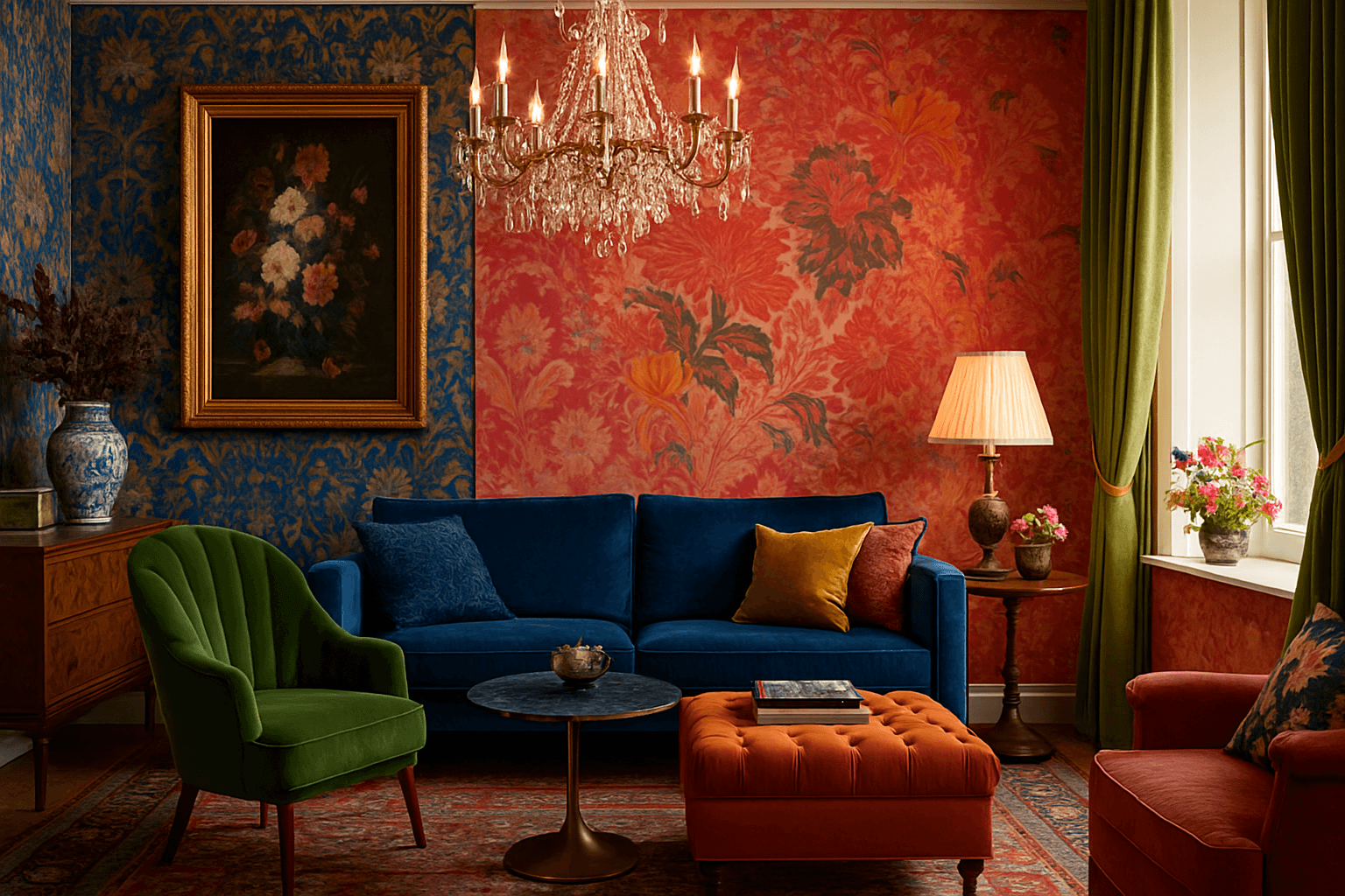 Vibrant maximalist interior design featuring bold patterns, rich colors, and layered textures