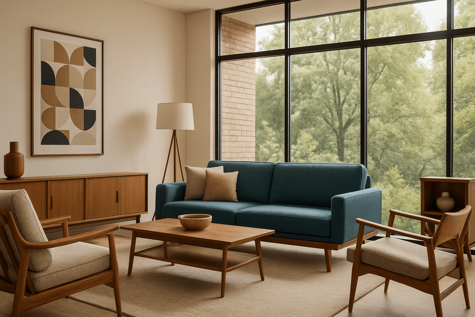 Mid Century Modern styled living room with teak furniture and large windows