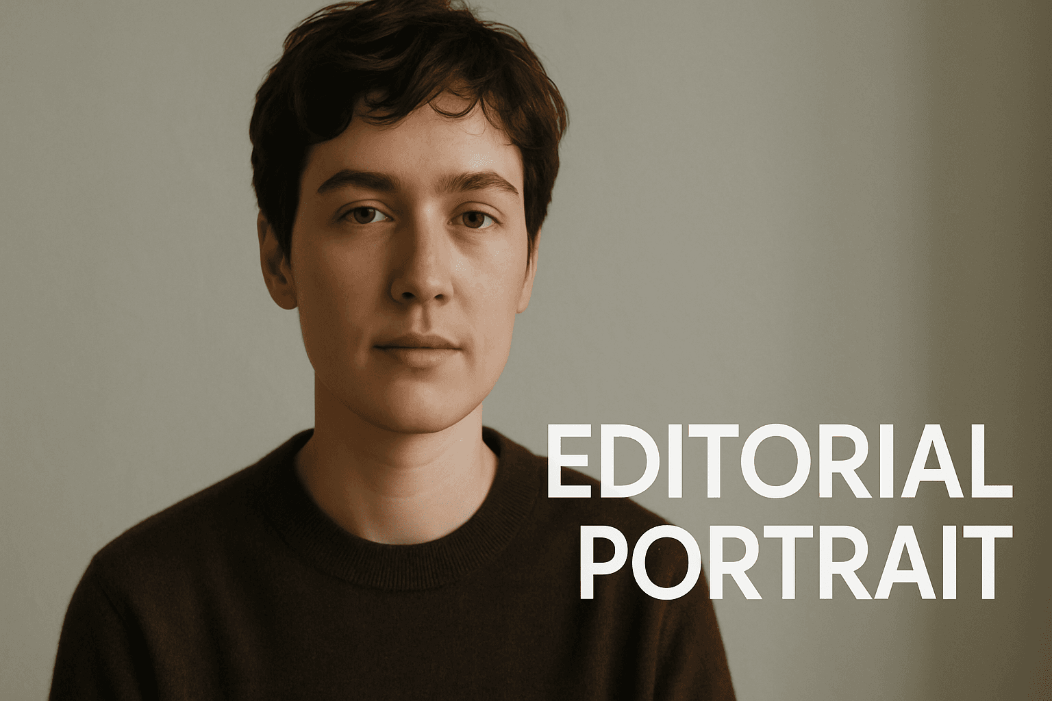 A sleek editorial portrait with a minimal white text overlay in modern sans-serif font
