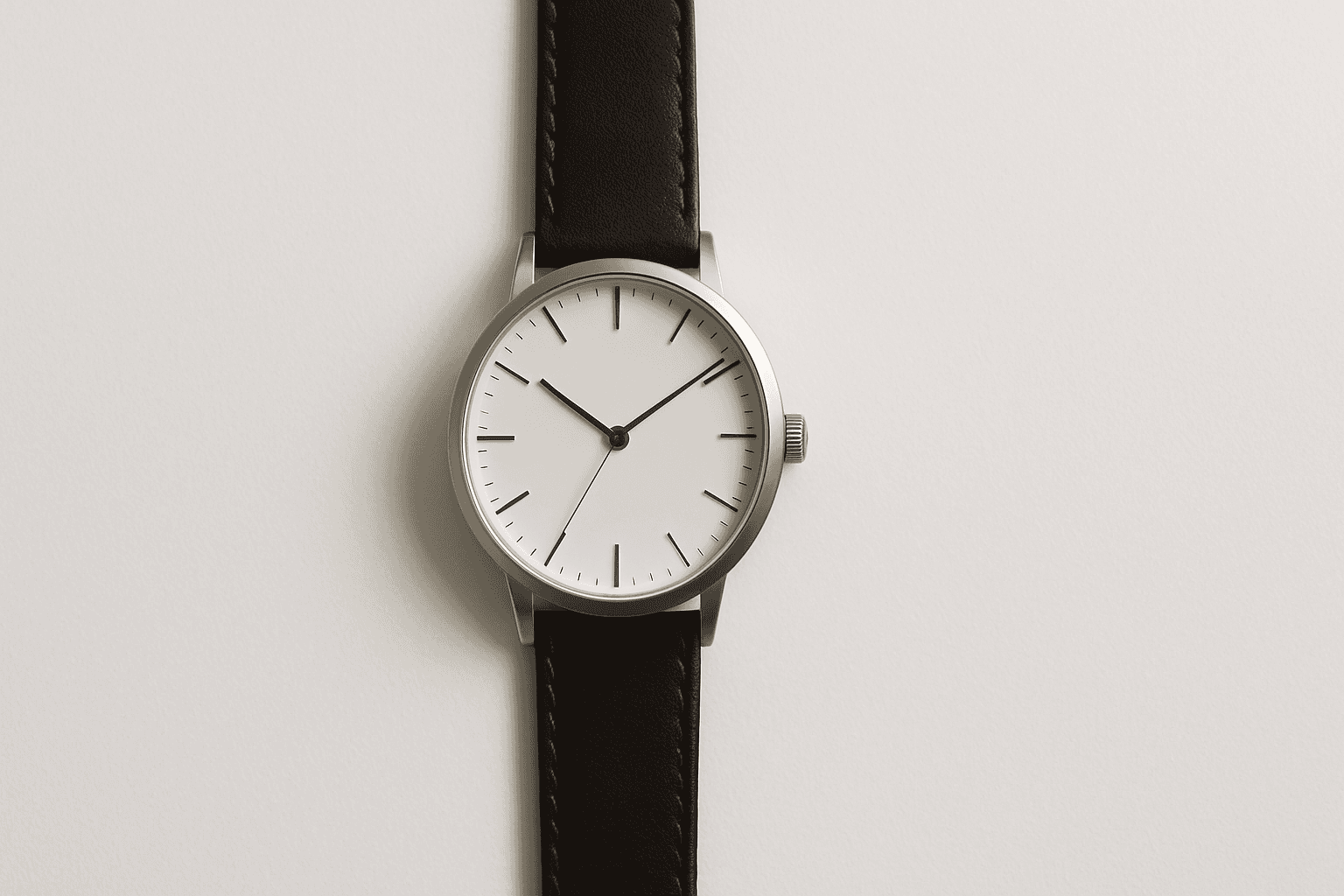 A sleek modern wristwatch centered on a pristine white background illustrating minimalist centered composition