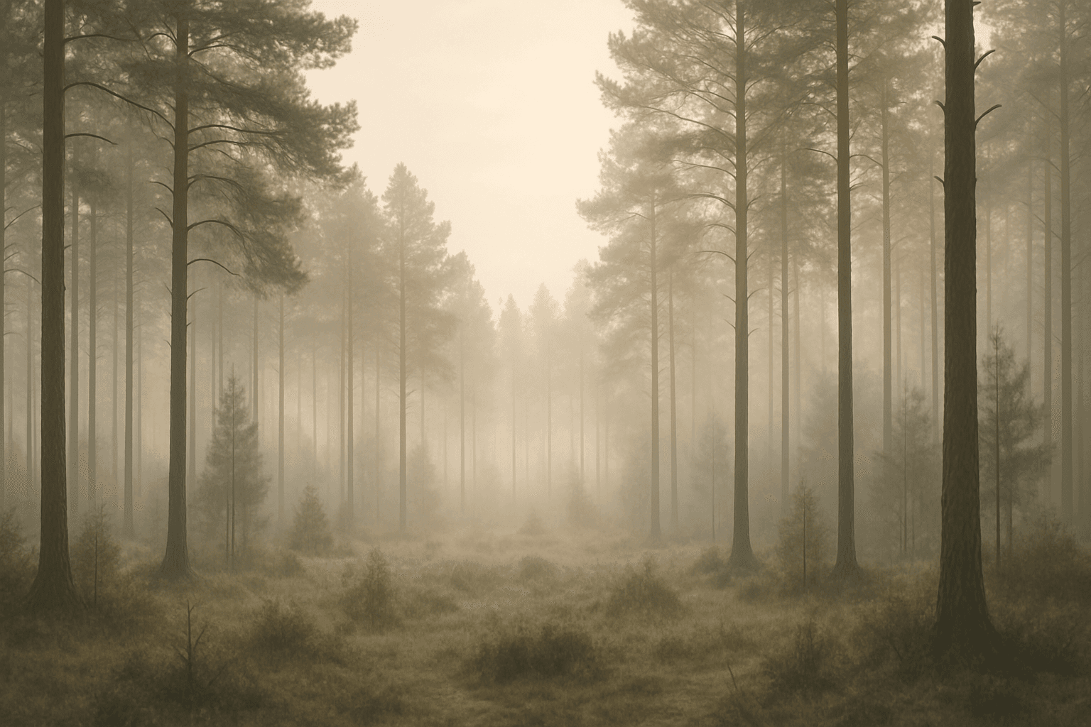 Serene landscape featuring soft misty morning fog with diffused light and muted colors
