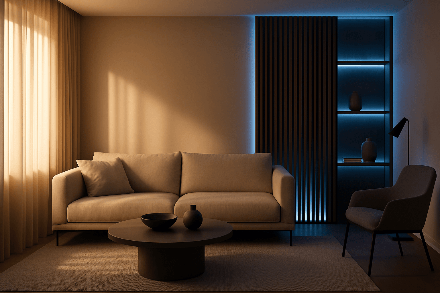 Modern interior lit using mixed lighting techniques combining warm sunlight and cool LED lights