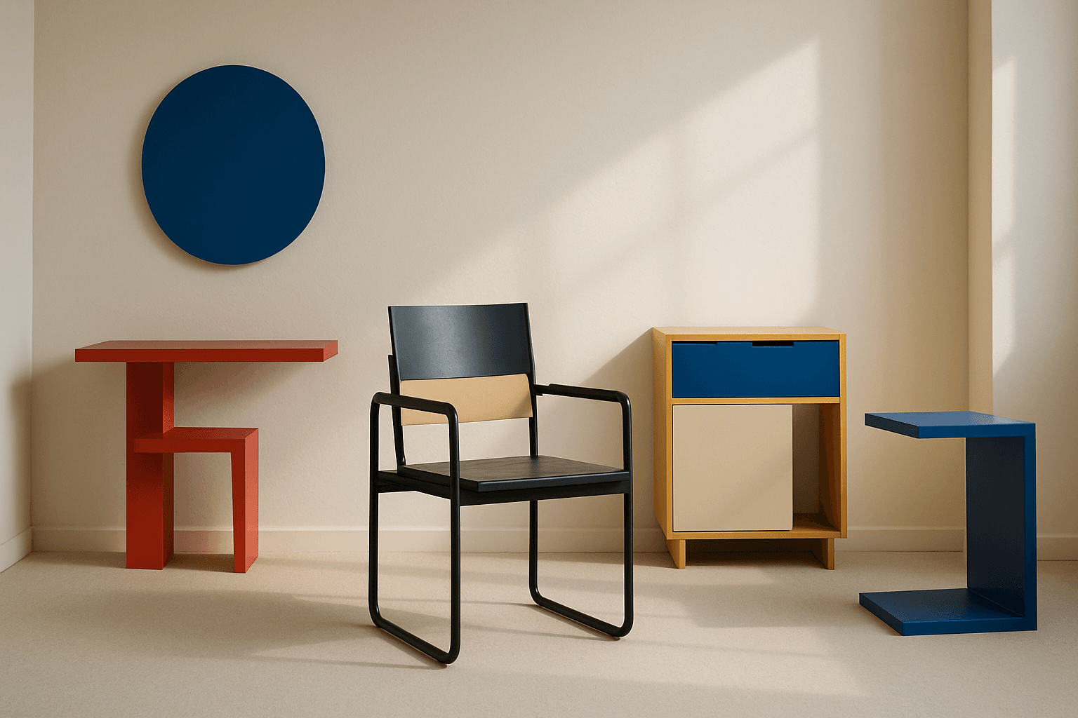 Modern Bauhaus-inspired minimalist interior with geometric furniture and natural light
