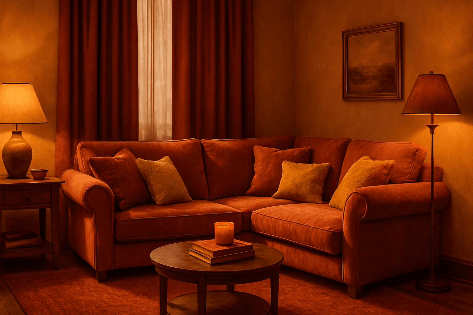 Cozy interior scene using a monochrome warm palette with oranges and reds