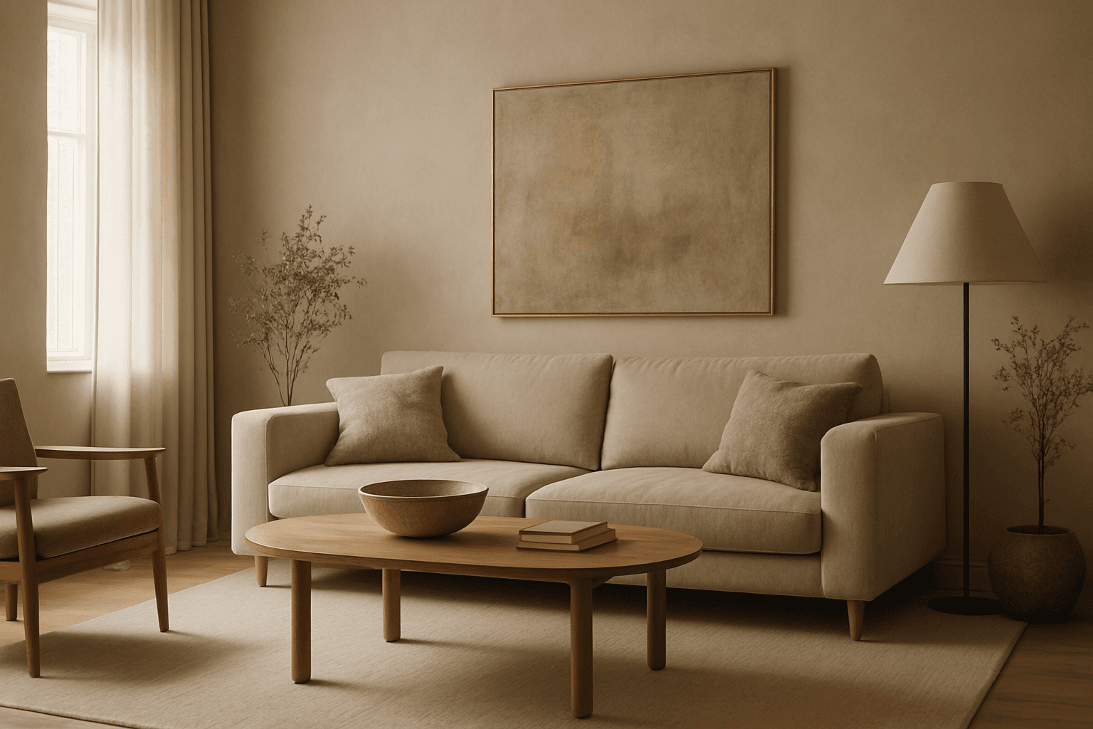 Interior design showcasing muted earth tone colors with soft natural lighting and organic materials
