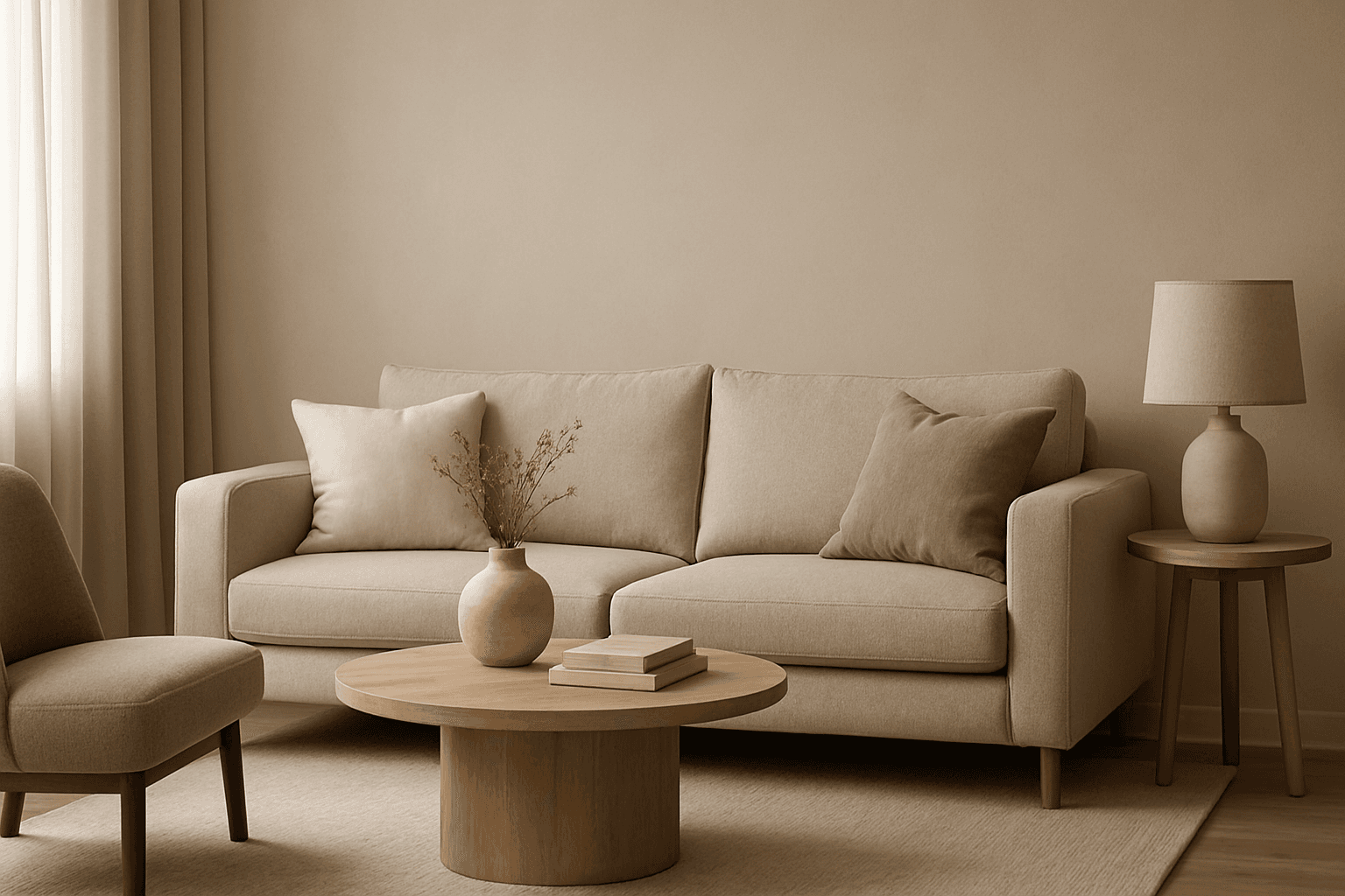 Modern interior scene decorated using a muted neutral palette featuring soft beige, taupe, and cream tones with natural light