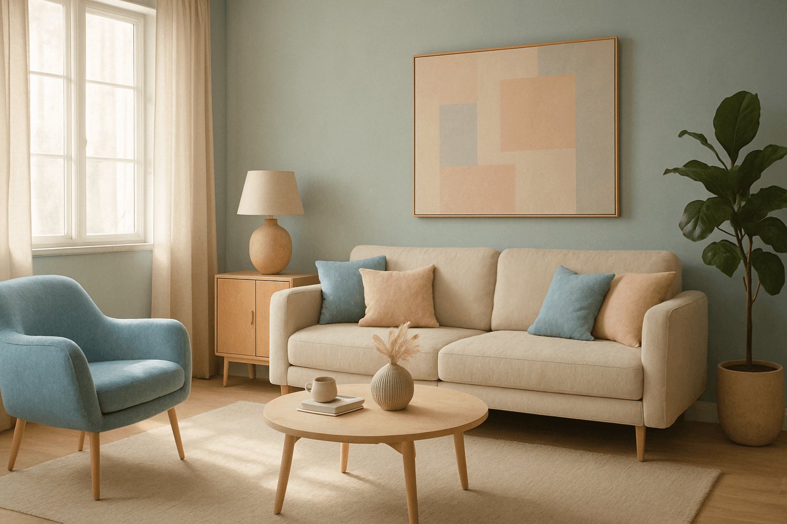 Modern interior with muted pastel color palette featuring soft blues, pinks, and beige tones