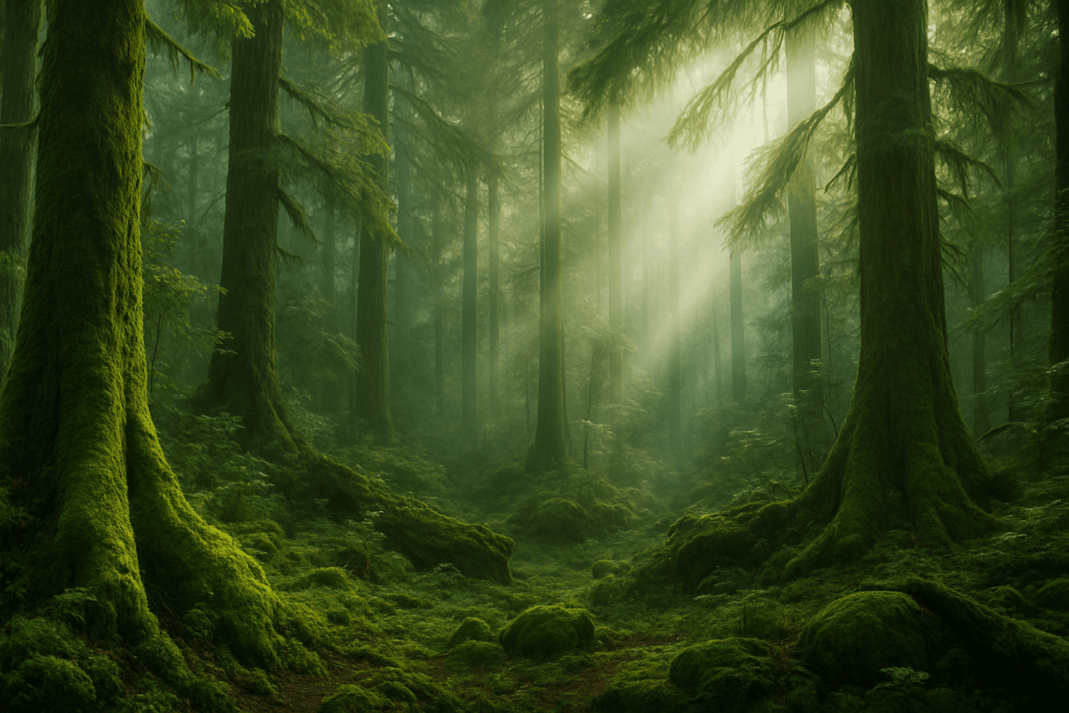 Enigmatic dense forest bathed in soft mist and glowing light creating a mystic forest atmosphere