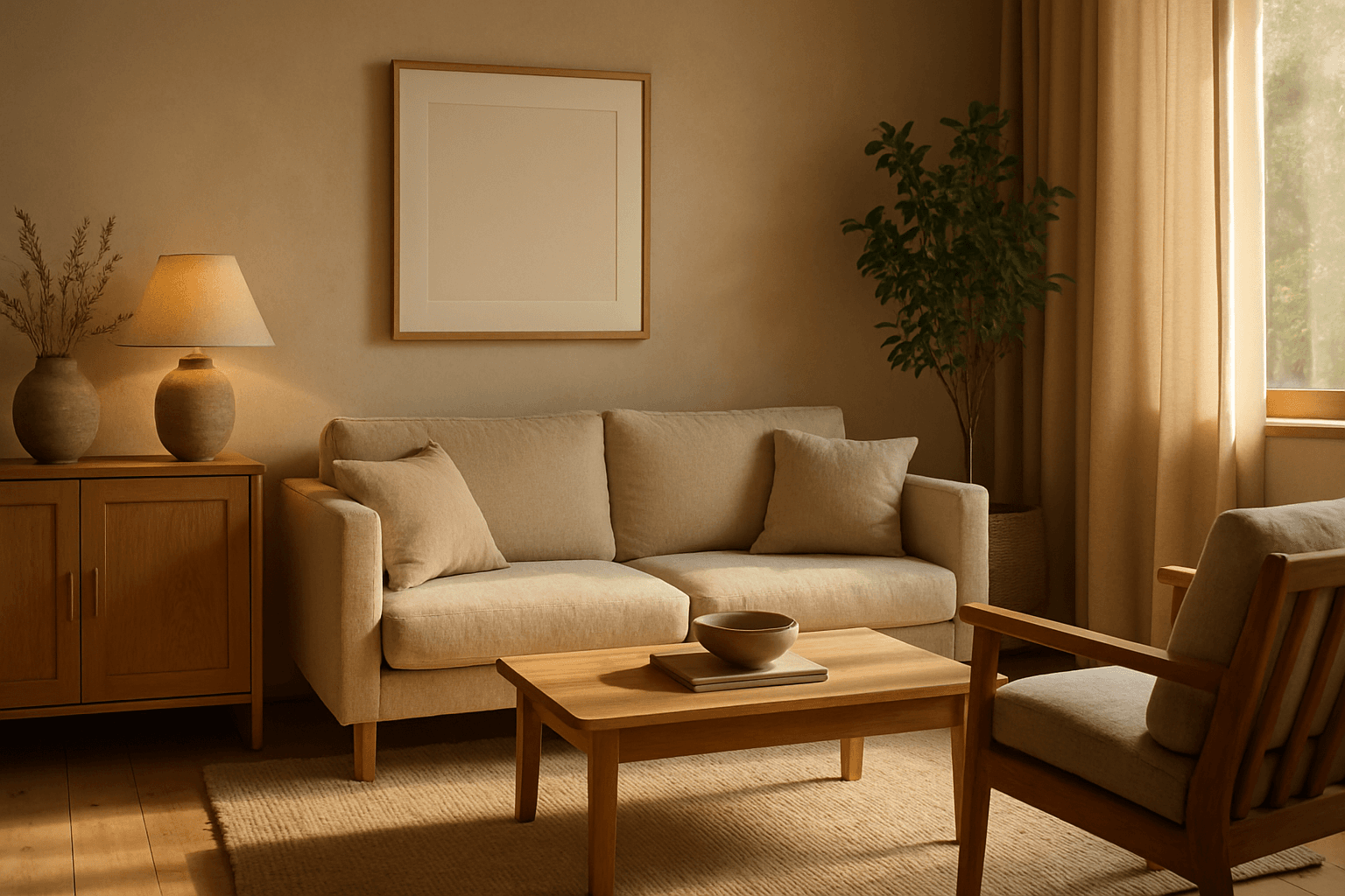 Interior design scene with natural earthy palette colors and warm ambient lighting