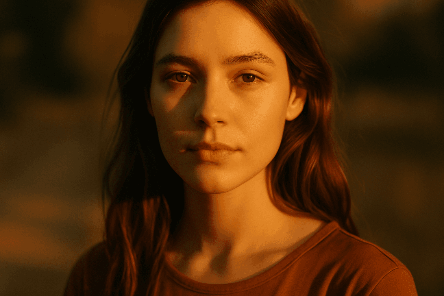 Portrait of a woman illuminated by warm natural golden hour light with soft shadows and a glowing background