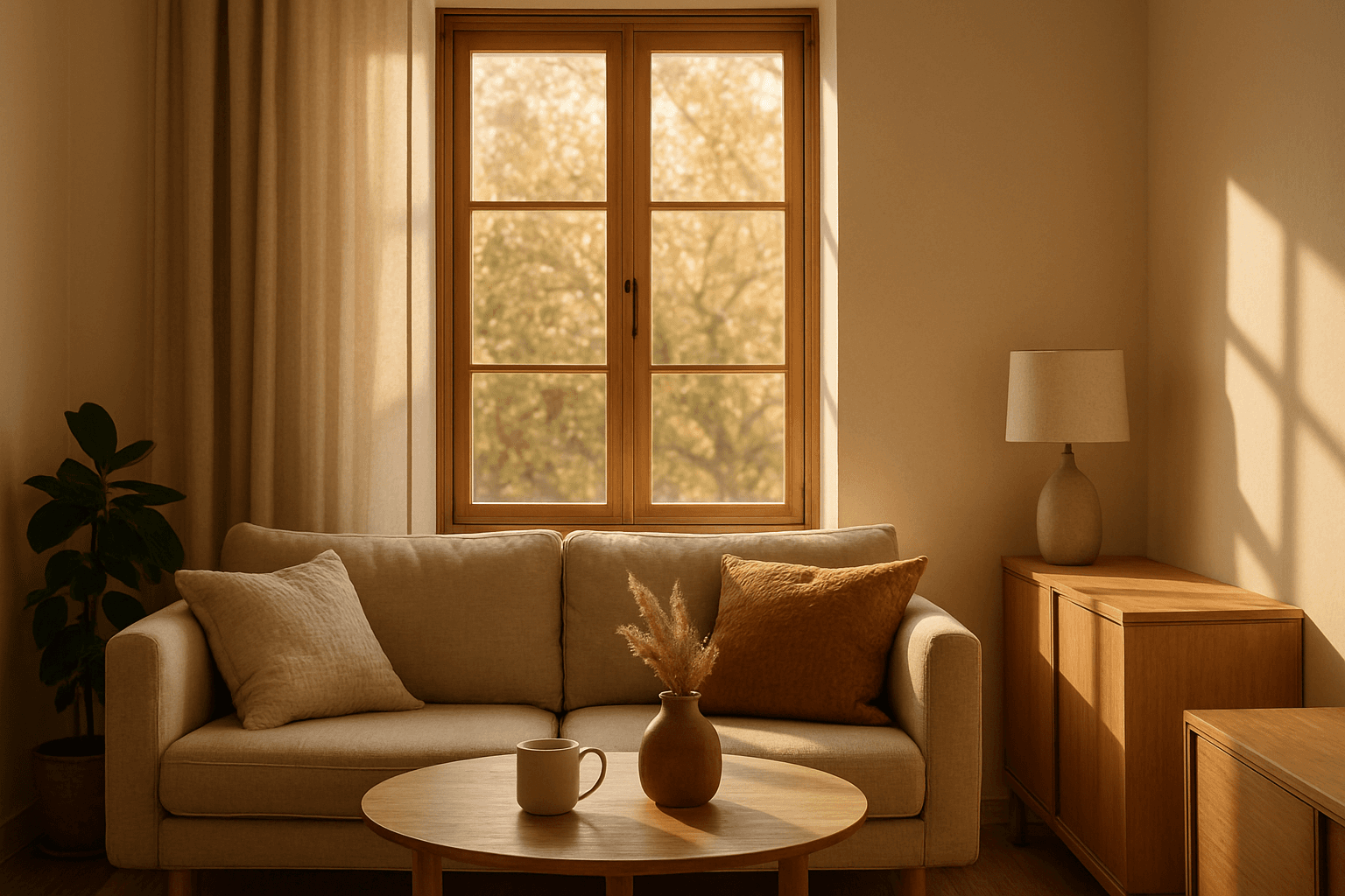 Cozy interior softly illuminated by warm natural window light highlighting textures and shadows